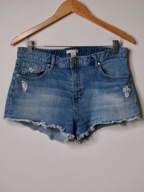 H&M Denim Jean Shorts Raw Frayed Hem Light Wash Distressed Stretch Size 10